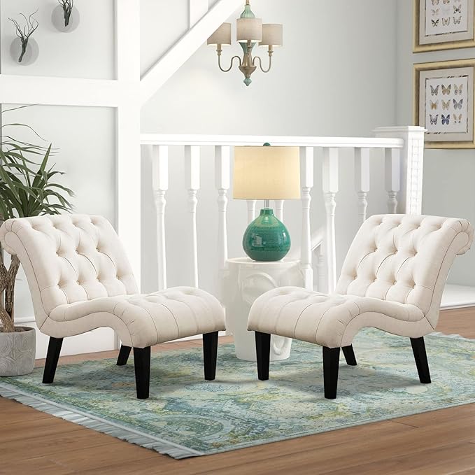 Yongqiang Accent Chairs Set of 2 Mid Century Modern Tufted Upholstered Chair for Living Room Bedroom Curved Armless Side Chairs with Wood Legs Linen Fabric
