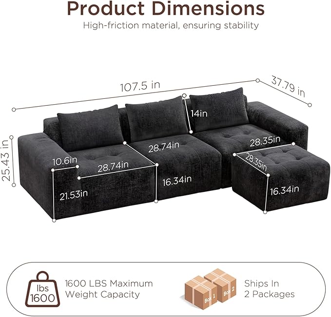 Maupvit 108 Modular Sectional Sofa Modern Cloud Couch L-Shaped Convertible Sleeper Sofa Bed with Movable Ottoman Deep Seat Boneless Comfy 3 Seater Couches for Living Room Black | Breathable materi