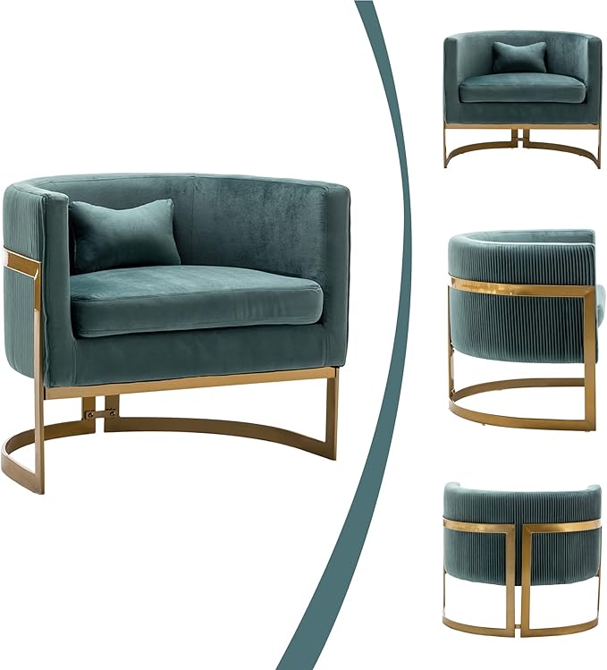 Velvet Accent Chair Modern Upholstered Arm Chair for Living Room Bedroom Sofa Side Chair Velvet Barrel Chair with Gold Legs Lake Blue