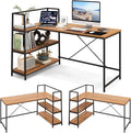 Tangkula Reversible L-Shaped Computer Desk Space Saving Corner Desk with 3-Tier Storage Shelves &amp Metal Frame Modern Executive Home Office Desk PC Laptop Desk Workstation for Small Space (Walnu