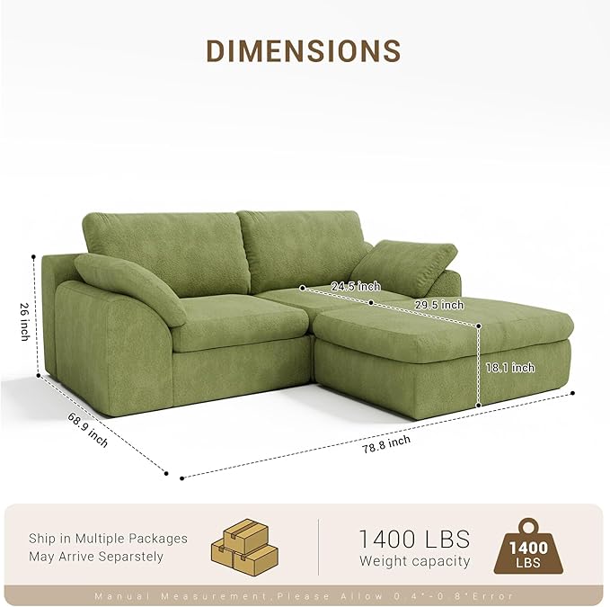 Cloud Sectional Couches 78.8 L-Shape Sofa with Ottoman Deep Seat Modular Sectional Couch Comfy Boneless Couch for Living Room &amp Bedroom Bouclé Fabric Green