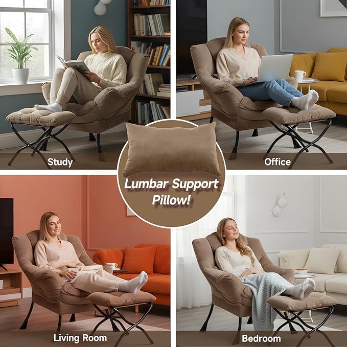Lazy Chair with Ottoman Modern Accent Chair with Lumbar Pillow Velvet Khaki Sofa Armchairs with Folding Footrest Oversized Supportive Chairs for Bedroom Reading
