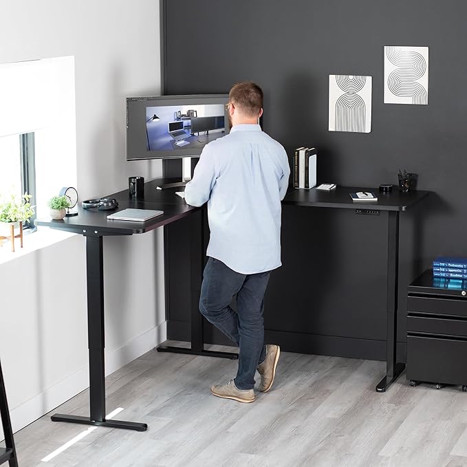VIVO Electric Multi-Motor Height Adjustable Corner 3 Leg Standing Desk Frame Sit Stand Ergonomic L Frame with Push Button Controller Black DESK-V123EB