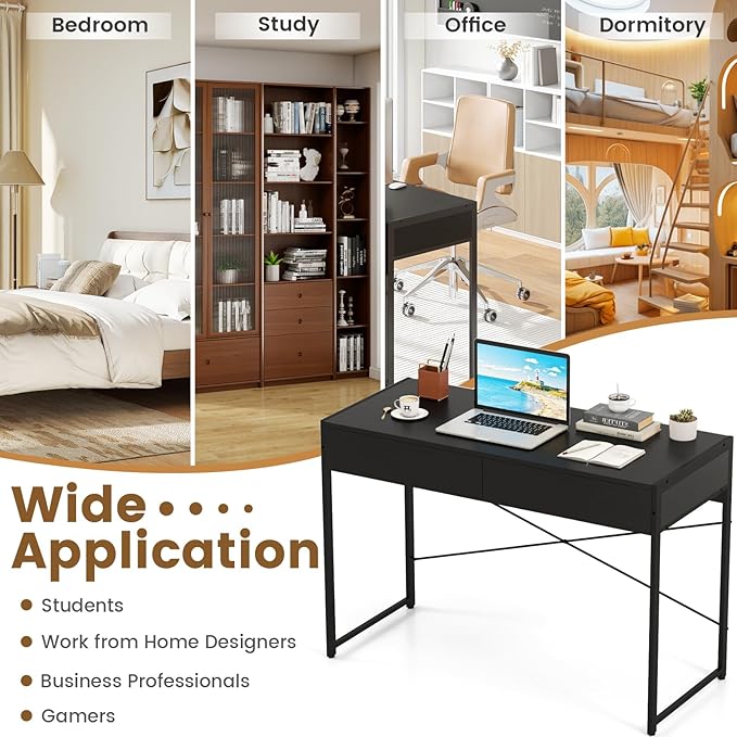 Giantex Computer Desk with 2 Drawers 44 Inch Home Office Desk with Anti-Toppling Device &amp Metal Frame Compact Laptop PC Table Makeup Vanity Table Modern Study Writing Desk for Small Spaces (Bl