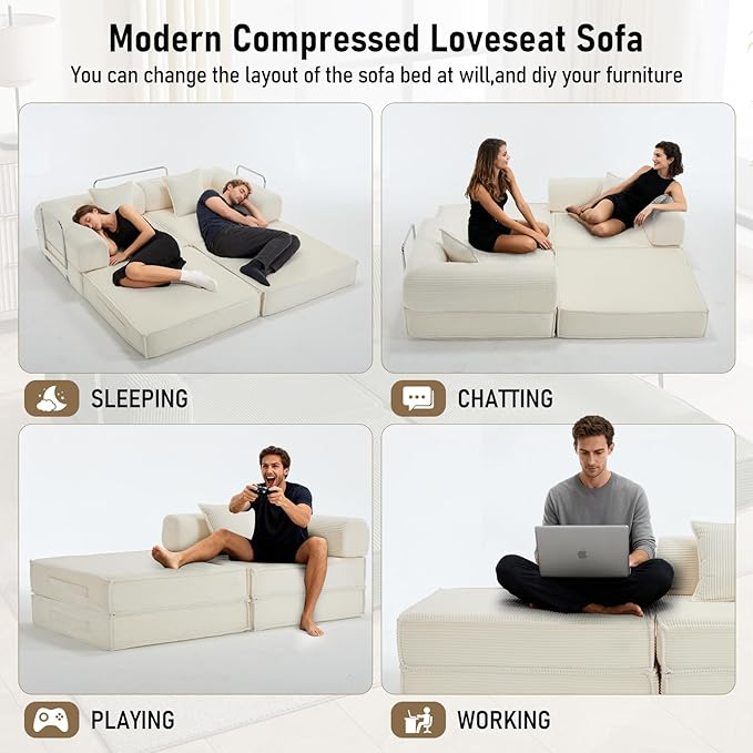 78 Convertible Sleeper Sofa Bed Modular Corduroy Couch with 2 Pillows Compressed Floor Sofa for Living Room Bedroom (Beige)