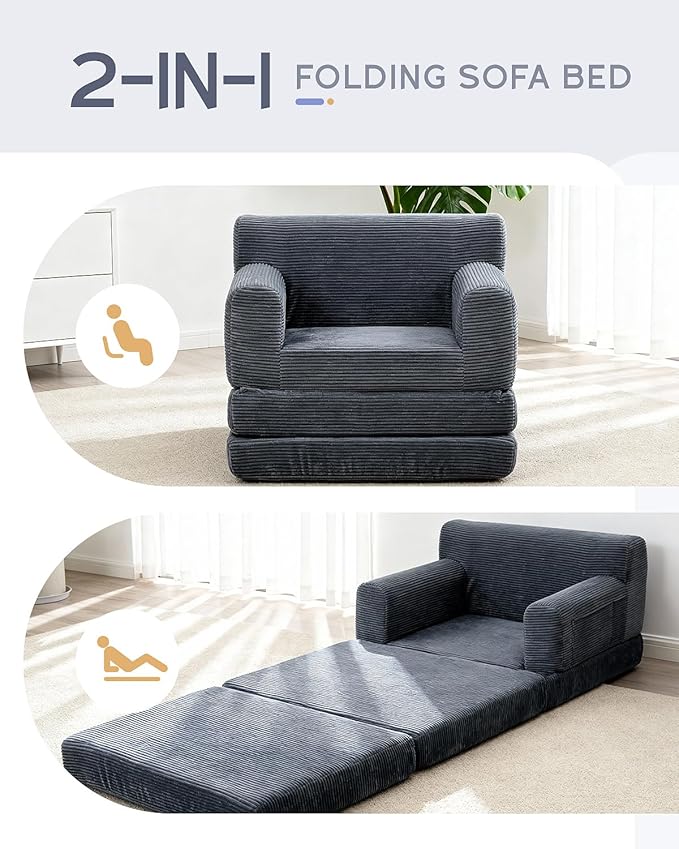 Boneless Couch Sofa Bed Convertible Sleeper Chair with One-Piece High-Density Foam (No Lumps) Foldable Floor Mattress for Adults Guest Gaming Non-Slip Side Pockets 84x35 No Assembly