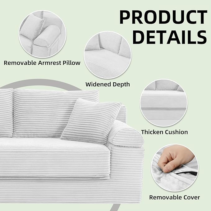 Folding Convertible Sofa Bed 78 Inch Corduroy Boneless Cloud Couch Futon Compressed Pull Out Loveseat Sleeper Bed Foldable Floor Mattress Sofa for Living Room Bedroom Grey White