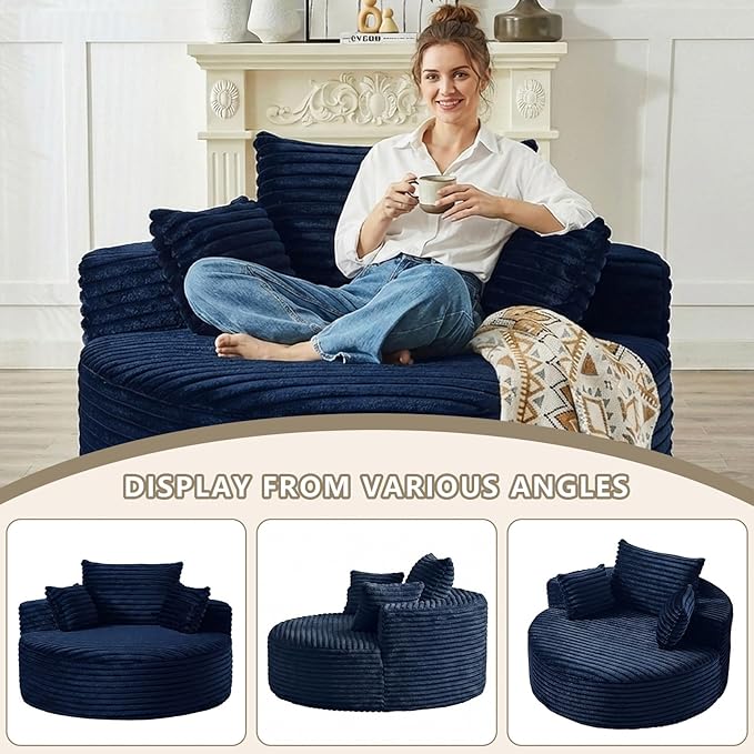 55 L Corduroy Sponge Single Sofa Oversized Round Chair Fluffy Modern Sleeper Chairs for Living Room Lounge and Projection Room Wide Armrest Lounge Chairs Armchair with Pillow Blue