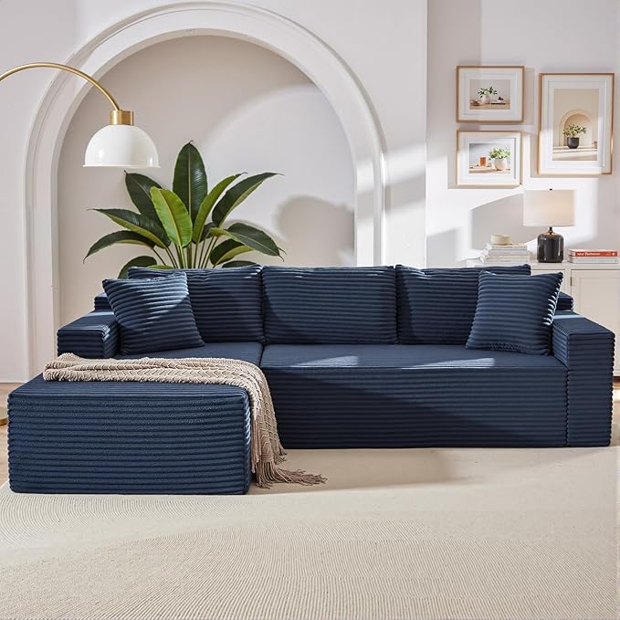 105 Inch Cloud Sectional CouchModern Modular Sectional Sofa with Deep SeatCorduroy Boneless Couches with L-Shape Chaise for Living Room BedroomNo Assembly Required (Blue Left Facing Chaise)