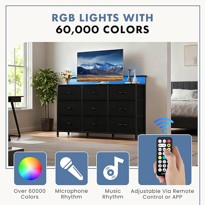 DUMOS TV Stand Dresser with 9 Fabric Drawers and Open Shelves Entertainment Center with LED Lights Charging Station for Bedroom Wood Top Media Console for 45-55 inch TV Stand with Storage Black