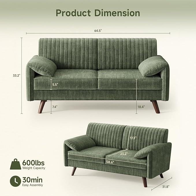 ONBRILL 64.5 Loveseat Sofa Chenille Loveseat Couch for Living Room 23.2 Deep Seat Love Seat with Padded Arms Comfy Modern Small Couches for Bedroom Small Spaces Dorms Office Green