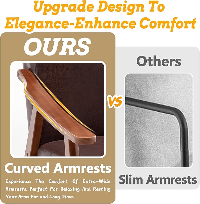 Mid Century Modern Accent Chair Upholstered Armchair Comfy with Wood Legs Siting Chair with Soft Cushion PU Leather Side Chairs for Living Room Bedroom Office (Microfiber Dark Brown)