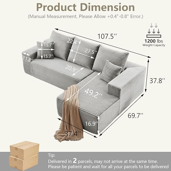 107 Cloud Sectional Couch with L-Shape Chaise Modern Modular Comfy Sofa Chaise Longue Upholstered Corduroy Couches Sleeper with Deep Seat for Living Room Bedroom No Assembly Required Grey