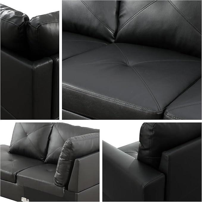 L-Shaped Sectional Sofa with Movable Chaise &amp Storage Ottoman Leather 3-Piece Modular Convertible Couches for Living Room Apartment &amp Office Black
