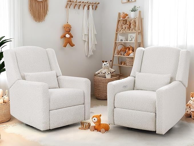 Power Recliner Chair Swivel Glider Large Rocker Recliner w/USB Charging Port Boucle Upholstered Swivel Rocker Glider Recliner for NurseryBedroomLiving RoomSet of 2Cream