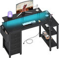 Lufeiya Black L Shaped Desk with Led Lights and Power Outlets 47 Inch Writing Study Computer Gaming Desks with Fabric Drawers for Bedroom Home Office Corner Desk with Monitor Stand Shelves Black