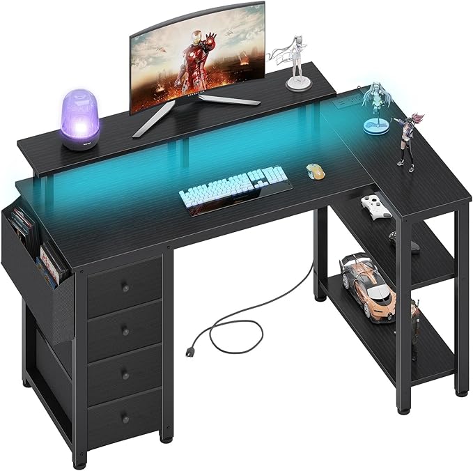 Lufeiya Black L Shaped Desk with Led Lights and Power Outlets 47 Inch Writing Study Computer Gaming Desks with Fabric Drawers for Bedroom Home Office Corner Desk with Monitor Stand Shelves Black