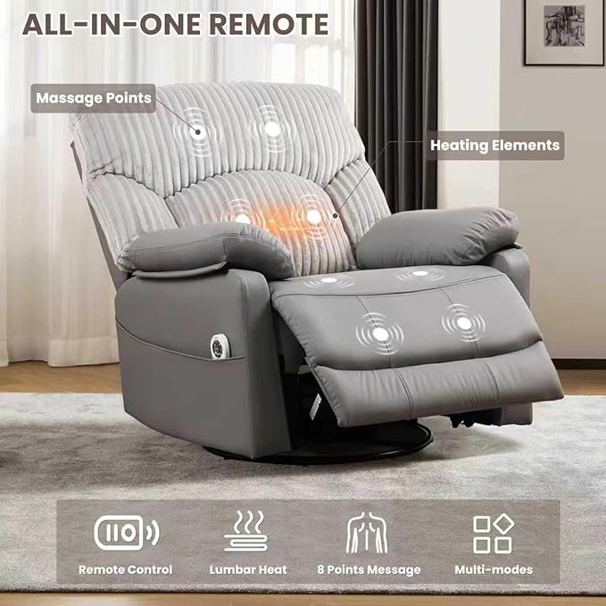 GRAINELL Swivel Rocker Recliner Chair with Massage and Heat USB Charging Port Infinite Position Power Recliner Electric Glider Rocking Chairs for Living Room Nursery (Grey)