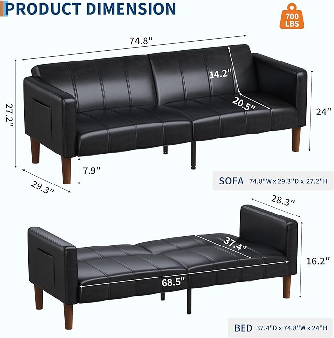 GarveeHome Futon Sofa Bed 75-Inch Modern Faux Leather Convertible Couch Mid-Century Loveseat for Small Space Living Room Bedroom Black
