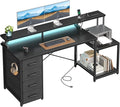 ODK 55 Inch Computer Desk with 4 Drawers Office Desk with Power Outlets Printer Shelf &amp Storage Shelves Large Writing Study Table for Home Bedroom Study or Gaming Setup Black