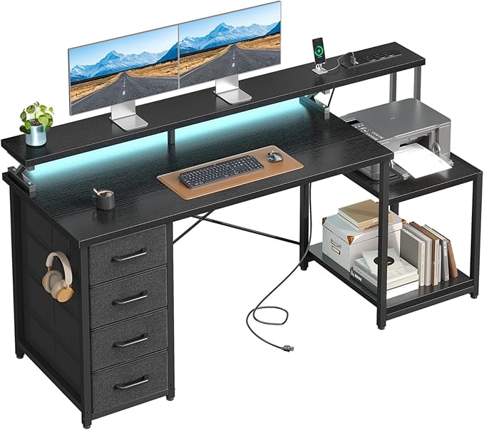 ODK 55 Inch Computer Desk with 4 Drawers Office Desk with Power Outlets Printer Shelf &amp Storage Shelves Large Writing Study Table for Home Bedroom Study or Gaming Setup Black