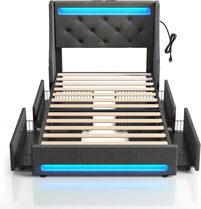 Rolanstar Twin Bed Frame with LED Lights and Charging Station Upholstered Bed with Drawers Wooden Slats Noise Free Easy Assembly Dark Gray