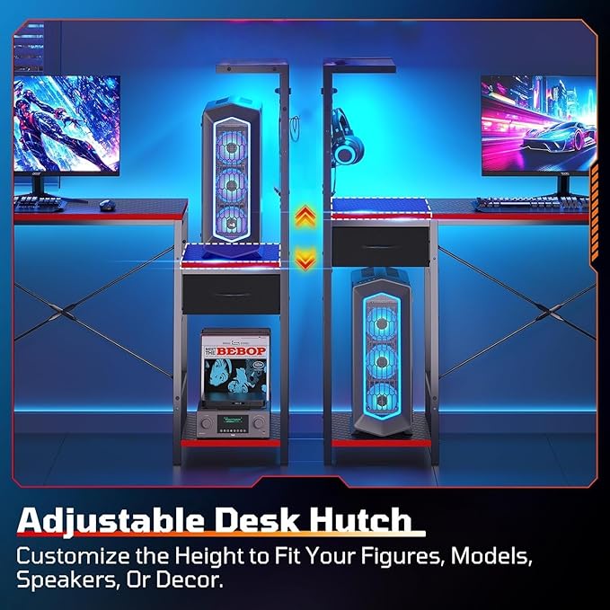 Bestier Gaming Desk with Drawer 44 Inch Small Computer Desk with PC Shelf Gaming Table with LED Lights for Small Spaces Reversible Gamer Desk with Storage Bag &amp Side Hook Black-RED