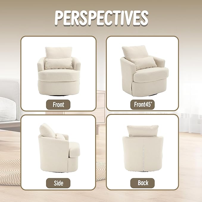 Swivel Barrel Chair Comfy Round Accent Sofa Chair for Living Room 360 Degree Swivel Barrel Club Chair Leisure Arm Chair for Nursery Hotel Bedroom Office Lounge (WhiteTeddy)