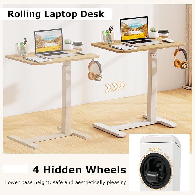Tangkula Mobile Standing Desk Pneumatic Height Adjustable Rolling Desk with Cup Holder &amp Headphone Hook Overbed Table with Hidden Wheels Laptop Computer Cart for Couch Home Office (Natural)