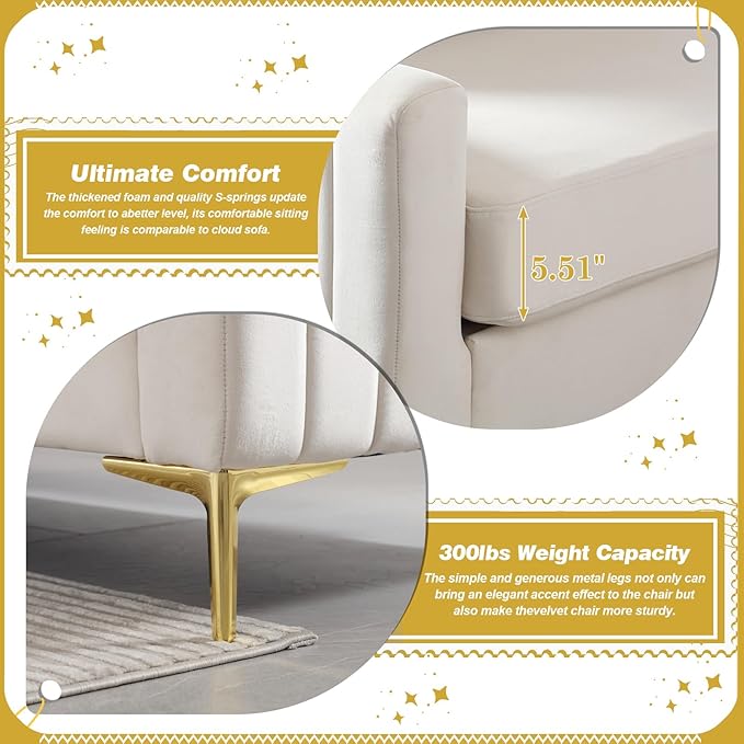 Modern Velvet Accent Chair Set of 2 Comfy Living Room Armchair with Thick Cushion Upholstered Reading Armchair Mid Century Sofa Chair with Gold Legs Side Chair for Bedroom Office Club Beige