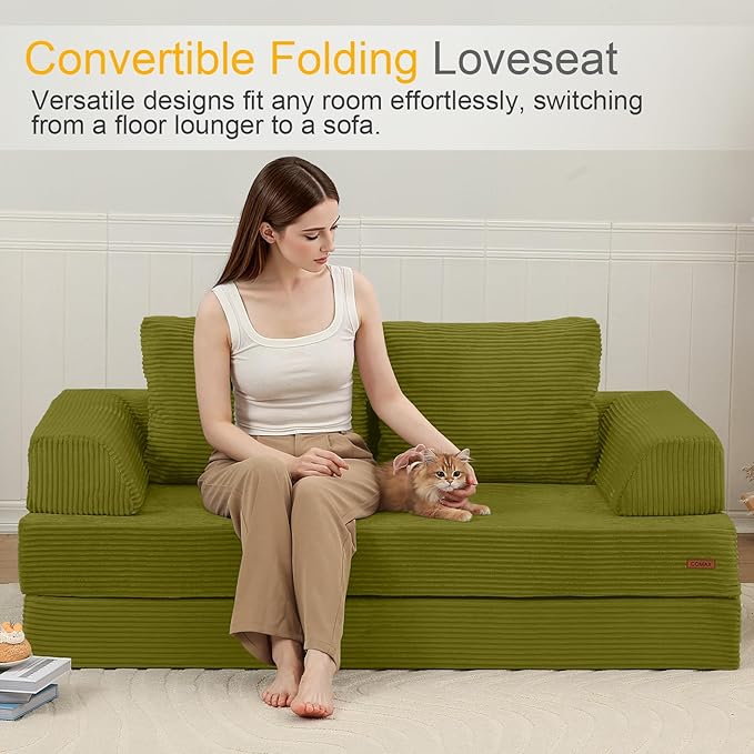 COMAX Convertible Sofa Bed Folding Floor Couch Corduroy Fold Out Couch Bed Futon Sleeper Mattress with Pillows Boneless Sofa Comfy Lounge Loveseat for Living Room Bedroom Light Green