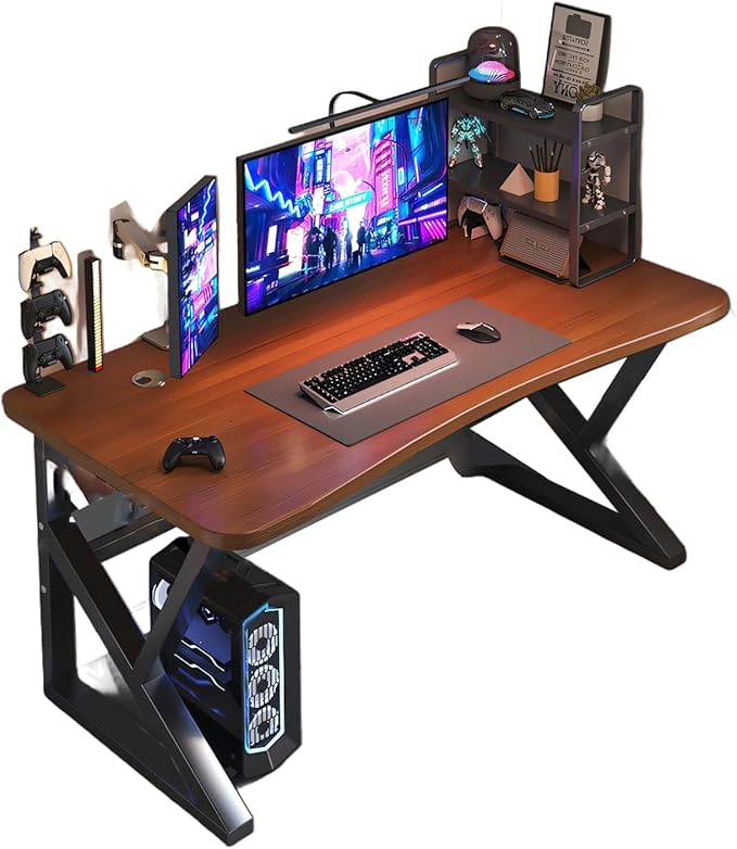 Ergonomic Gaming Desk Ultra Wide Curved Gaming and Office Table Modern Home Desk Gamer Computer Desk (Walnut 31.5″)