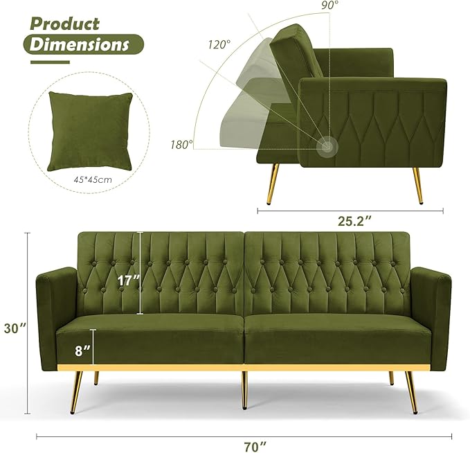 70 Velvet Futon with Adjustable Backrest and Armrests Sofa Bed with Extra Pillows for Waiting Room Living Room and Office Olive Green