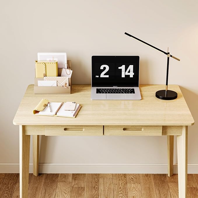 39.4 Inch Computer Desk with 2 Drawers Modern Home Office Desk Study Writing Gaming Work Table with Large Legroom Light Brown