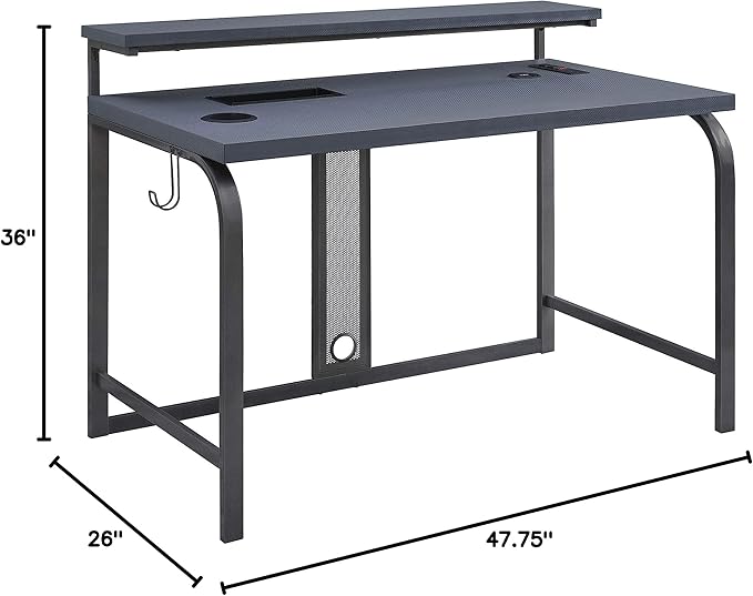 OSP Home Furnishings Reload Gaming Desk with Wireless Charging USB Power Hub and Remote Controlled RGB LED Lights Matte Grey Carbon Fiber