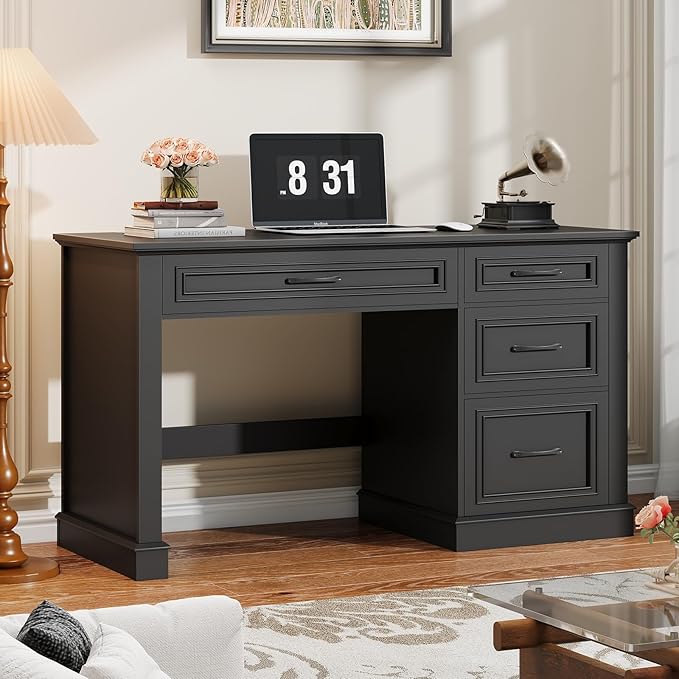 Farmhouse 47 Executive Desk Computer Desk with Drawers and File Drawer Workstation Computer Desk with Charging Station for Home Office StudyPure Black.