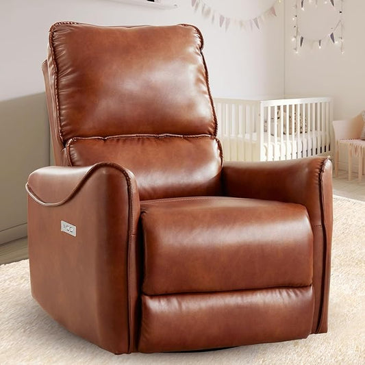 Power Recliner Chair Swivel Glider Rocker Recliner Chairs for Adults Recliner Chairs for Living Room Faux Leather Nursery Recliner Chair with Type-C &amp USB Charge Ports(Caramel)