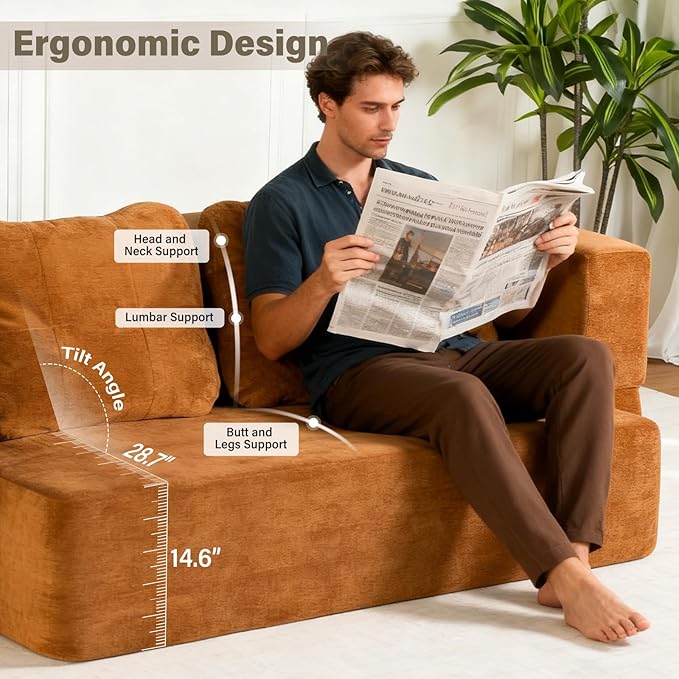 78 Convertible Sofa Bed with Blanket Boneless Cloud Couch Queen Scott Fabric for Living Room Bedroom Modular Loveseat with High-Density Solid Sponge No Assembly Brown