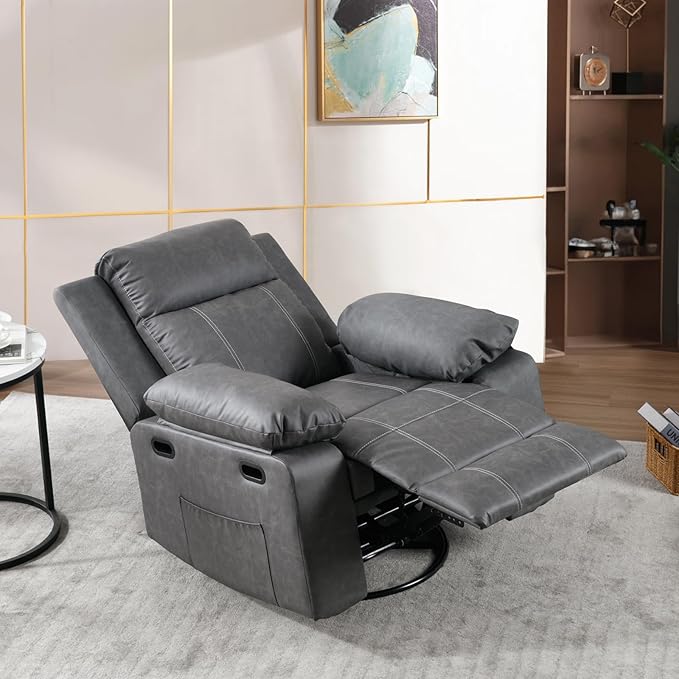 Massage Recliner Chair for Adults360 Degree Manual Swivel Rocker Recliner with Heat and VibrationPU Leather Glider Rocking Reclining Chair for Home Theater SeatingLoungeNurseryLiving Room(Grey)
