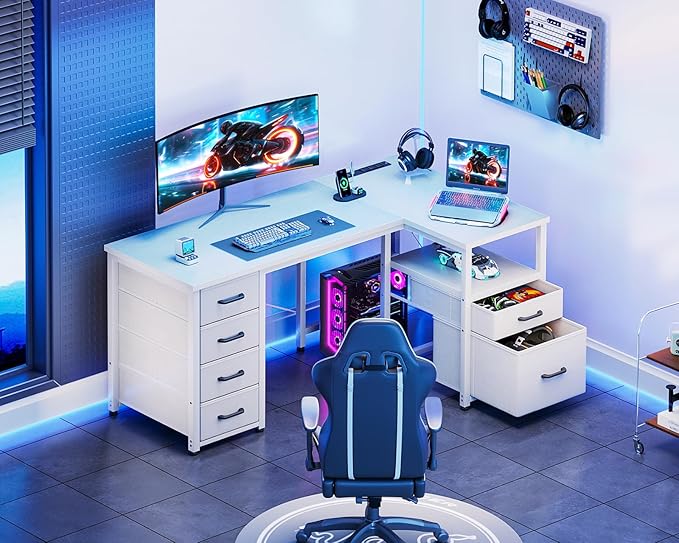 Coleshome L Shaped Computer Desk with 6 Drawers &amp Power Outlet 55 Inch Corner Desk with Reversible Storage Shelf &amp File Drawer Home Office Desk White