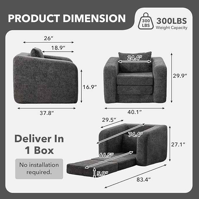 Convertible Sofa Bed Chenille Upholstered Pull Out Sofa Bed with Pillows 2-in-1 Sofa Chair with Minimalist Design Comfy Folding Mattress Couch for Apartment (Gray Single Sofa Bed)