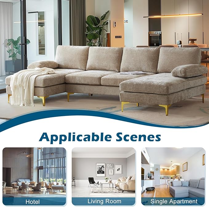 VINGLI 110 Large U-Shape Sectional Sofa Couch with 51 D Double Chaise for Living Room Modern Sectional Couch Set with Soft 5.9 Thickness Seating Padding Chenille FabricMetal Gold Legs(Khaki)
