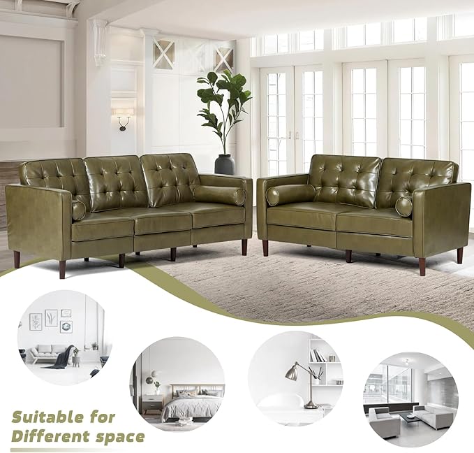 84” Faux Leather Sofa with Tufted Backrest Upholstered 3-Seat Couch with 2 Bolster Pillows Mid-Century Sofa with Wooden Legs for Living Room Bedroom Office Olive Green