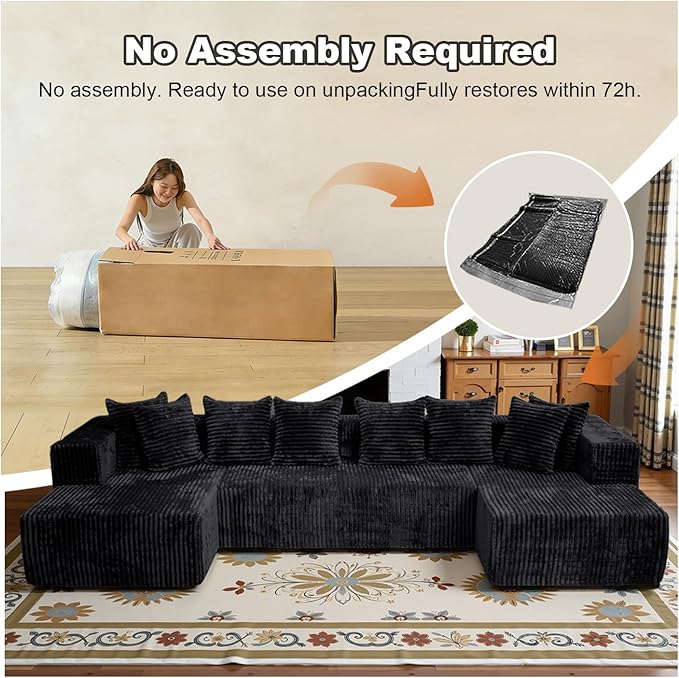 132''U-Shape Modular Sectional Couch Sofa Boneless Compressed Corduroy Modern Sleeper Space-Efficient Convertible Design 3 Packages Shipping