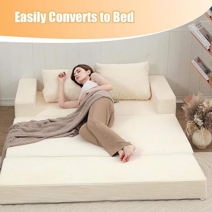 COMAX Convertible Sofa Bed Queen Folding Floor Couch Corduroy Boneless Sofa Pull Out Couch Bed Futon Sleeper with Pillows Fold Out Comfy Lounge Mattress Loveseat for Living Room Bedroom Beige