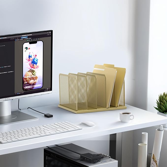 Kuntine.B Desk File Organizer Upright Mesh Desktop Organizer File Sorter Office Organization File Holder for Home Office &amp Classroom (Gold 1 Pack 5-Section)