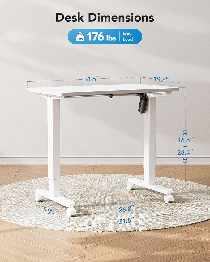 HUANUO Electric Small Standing Desk 35 x 20 Whole Piece Desktop Adjustable Height Computer Desk 4 Height Memory Settings Sit Stand Up Desk for Home Office White