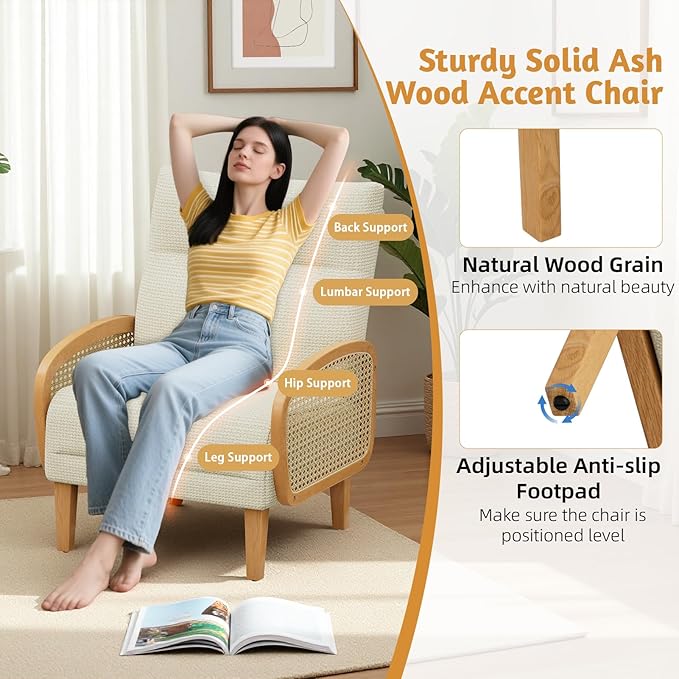 Rattan Accent Chair Arm Chair with High Resilience Cushion Armchair with Sturdy Ash Wood for Living Room Beige