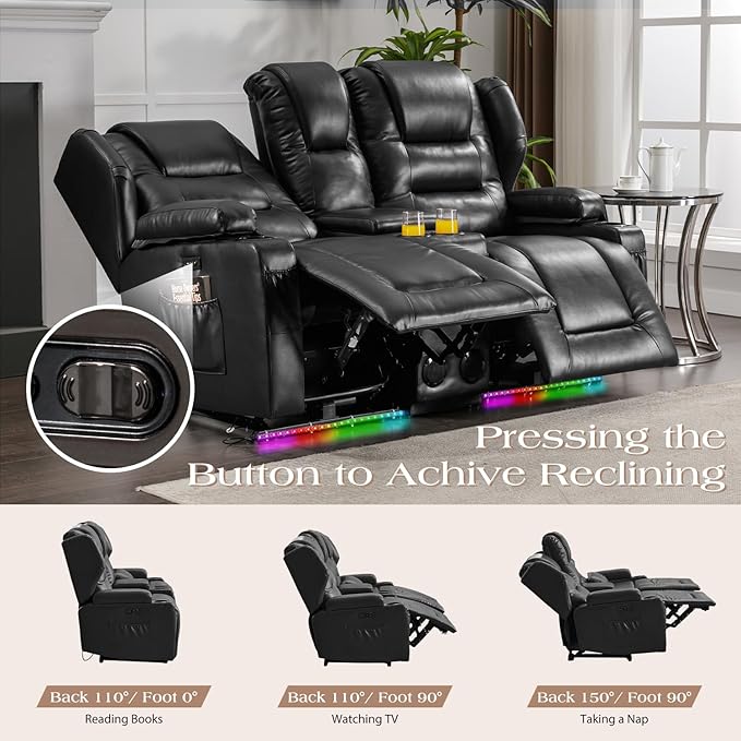 Loveseat Power Recliner Sofa Couch Electric Reclining Sofa Chair for Living Room with Multi-Function Console/Cup Holders/LED Ambient Light