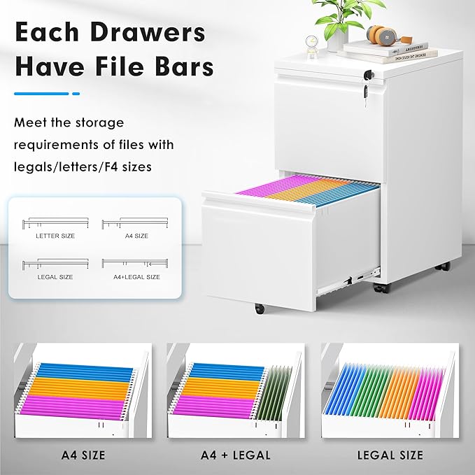 Pataku 2 Drawer File Cabinet Small File Cabinets with Lock Metal Rolling Filing Cabinet with 2 Drawer Filing Cabinets for Home Office Fit A4/Letter/Legal Easy Assembled White